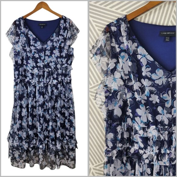 Lane Bryant Plus Size 18/20 2X Shirt Dress Floral Navy Ruffle Tiered Skirt Long - Picture 1 of 8
